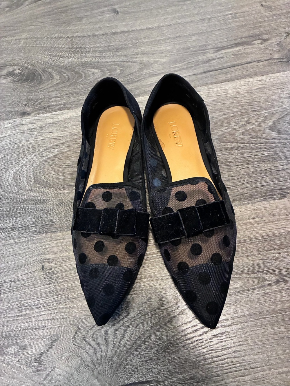 J. Crew Black Pointed Polka Dot Mesh Loafers